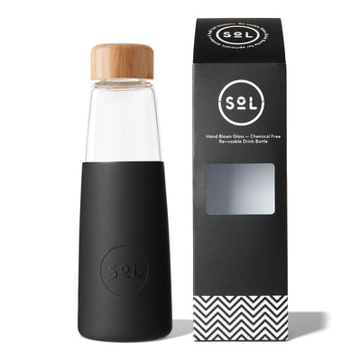 MiniSoL Water Bottle Black| Plastic-free | Hand-blown Glass | All of the Good Things